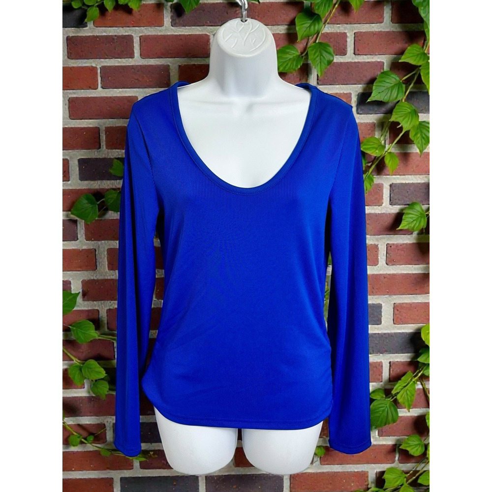 Dazy Bright Blue Ribbed Blouse Sz XL Scoop Neck Long-Sleeve Top Stretch New